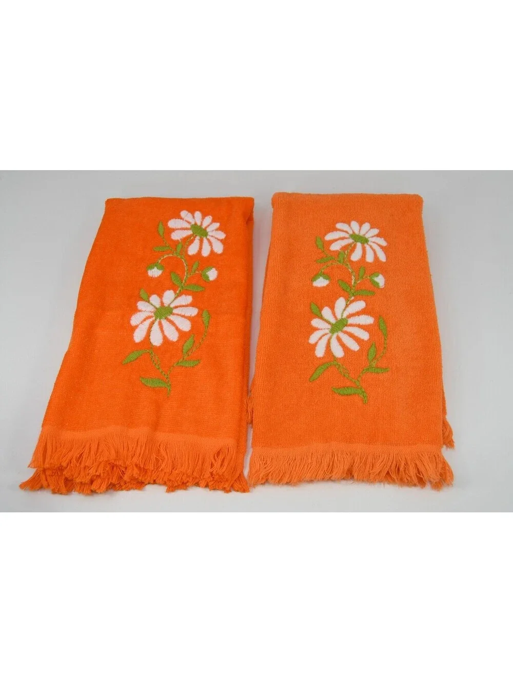 VTG Hand Towels 1970s Groovy Flower Power Embroidery Daisy Orange Fringe 2 SIZES